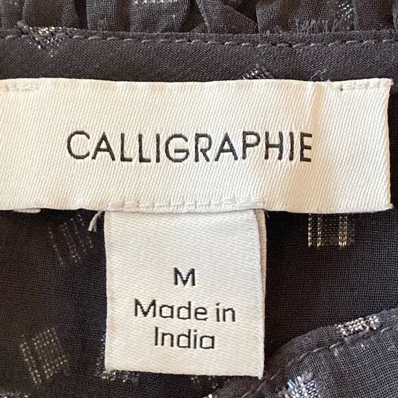 Calligraphie Black Lace Trim Metallic Clip Dot Sheer Blouse MED Whimsygoth Fairy - Picture 9 of 9